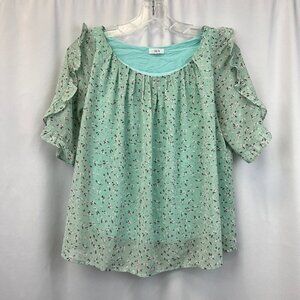 Lucca Womens Multicolor Floral Short Ruffle Sleeve Blouse Top Size Small